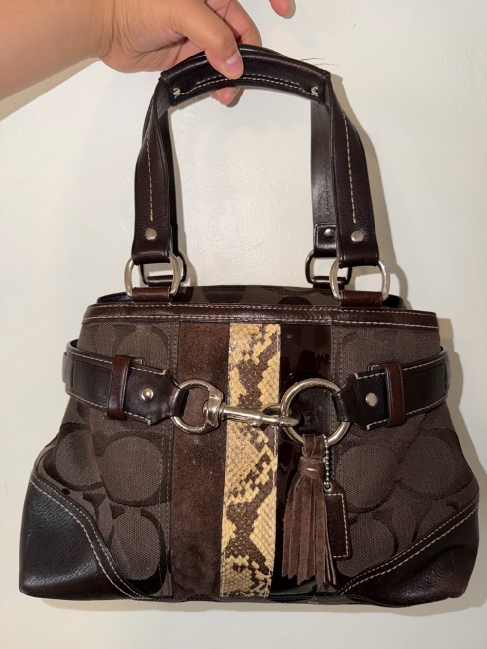 Coach Dark Brown Signature Satchel with Snake-Print Stripe